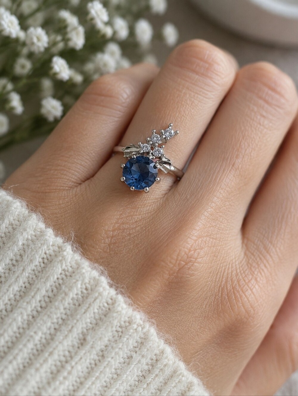 Vintage 1970s Avon Indiglow Blue Glass Cocktail Ring Adjustable Silver Tone